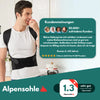 Alpensohle Haltungskorrektur-Bandage: links ein lächelnder Mann in weißem T-Shirt mit schwarzer Rückenstütze, rechts ein Kundenmeinungsfeld mit Porträtfotos, Text ‚50.000+ zufriedene Kunden‘, Kundenbewertung von Roman S. (42 Jahre) mit 5 Sternen (4,8/5 bei 51.387 Kunden). Unten Produktbewertung ‚1,3 – sehr gut‘, Testperiode 2025.