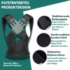 Produktgrafik der ‚Alpensohle RückenPro‘ Haltungshilfe mit patentiertem Design. Links das schwarze Rückenband mit X-förmigen elastischen Bändern, rechts Detailaufnahmen: stabilisierende Rückenplatte zur ergonomischen Unterstützung, hautfreundlicher Komfortstoff aus atmungsaktivem Material, haltstarker Klettverschluss für individuelle Anpassung. Textangaben: Gewicht 300 g, Material Polyester.