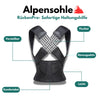 Produktdarstellung der ‚Alpensohle RückenPro‘ Haltungshilfe in Schwarz mit X-förmigen elastischen Rückenbändern. Markierungen heben Eigenschaften hervor: verstellbar, flexibel, atmungsaktiv, komfortabel und leicht.
