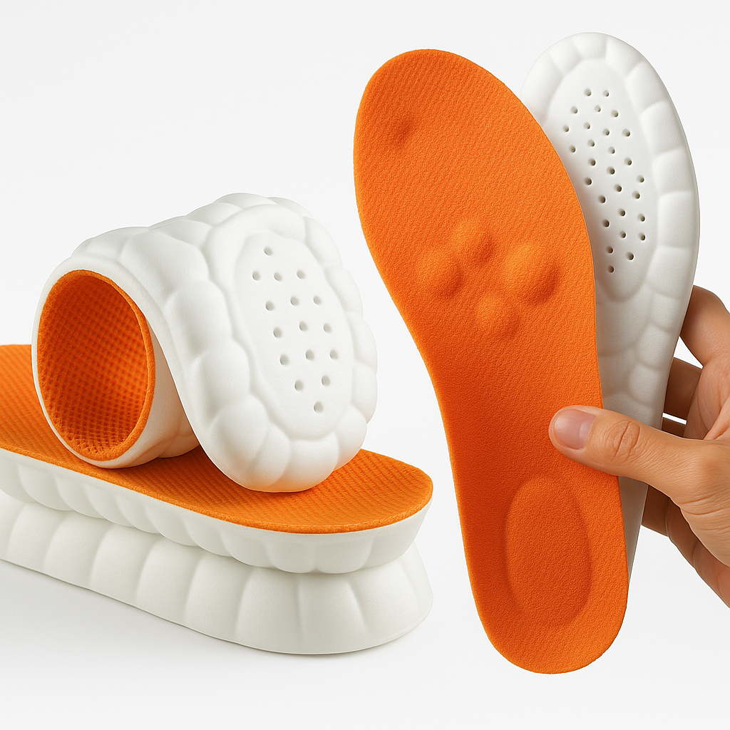 Ergonomische Einlegesohlen in Orange mit weißer Wabenstruktur-Unterseite, weich gepolstert für optimale Stoßdämpfung, Druckentlastung und ganztägigen Komfort – flexible Darstellung in gerollter und gehaltenen Form

