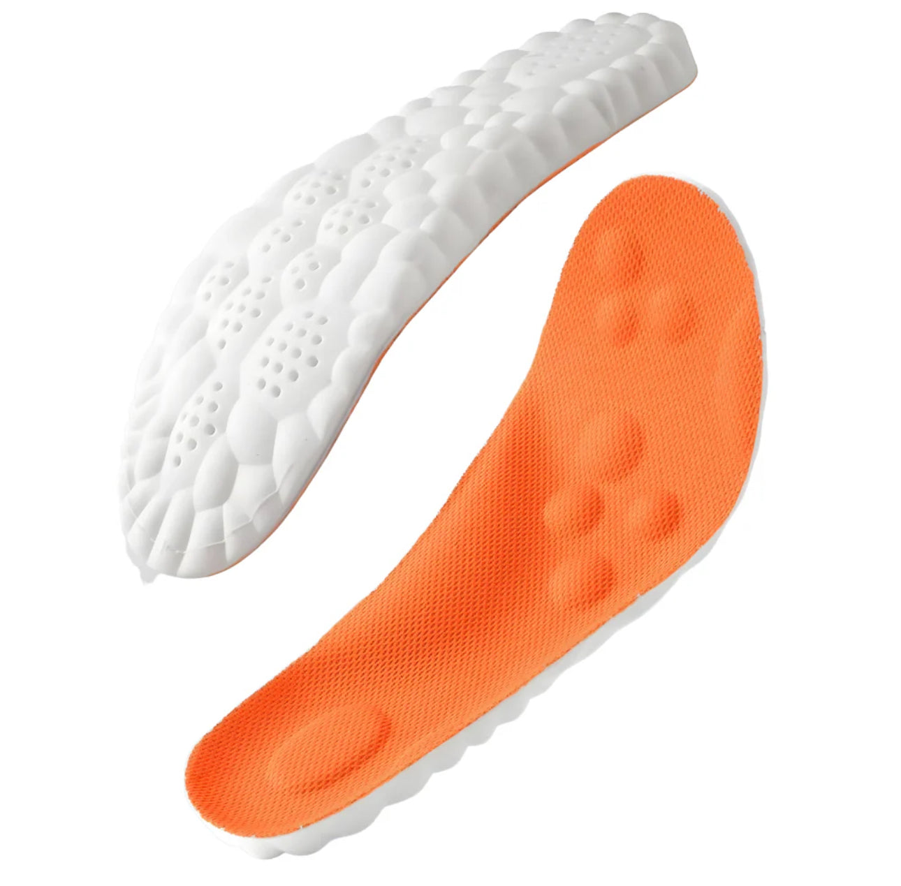 Weiche orthopädische Einlegesohlen in Orange mit strukturierter Komfort-Oberfläche und dicker, weißer Wabensohle zur Stoßdämpfung und Druckentlastung – Ansicht von Ober- und Unterseite