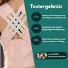 Nahaufnahme einer rosa Haltungskorrektur-Bandage mit X-förmigen elastischen Bändern am Rücken. Daneben Testergebnisse: 97 % spüren eine Verbesserung von Haltung und Schmerzen, 94 % bemerken eine positive langfristige Veränderung, 89 % fühlen sich selbstbewusster im Alltag. Hinweis ‚von 10.000+ zufriedenen Kunden‘ mit kleinen Kundenfotos.