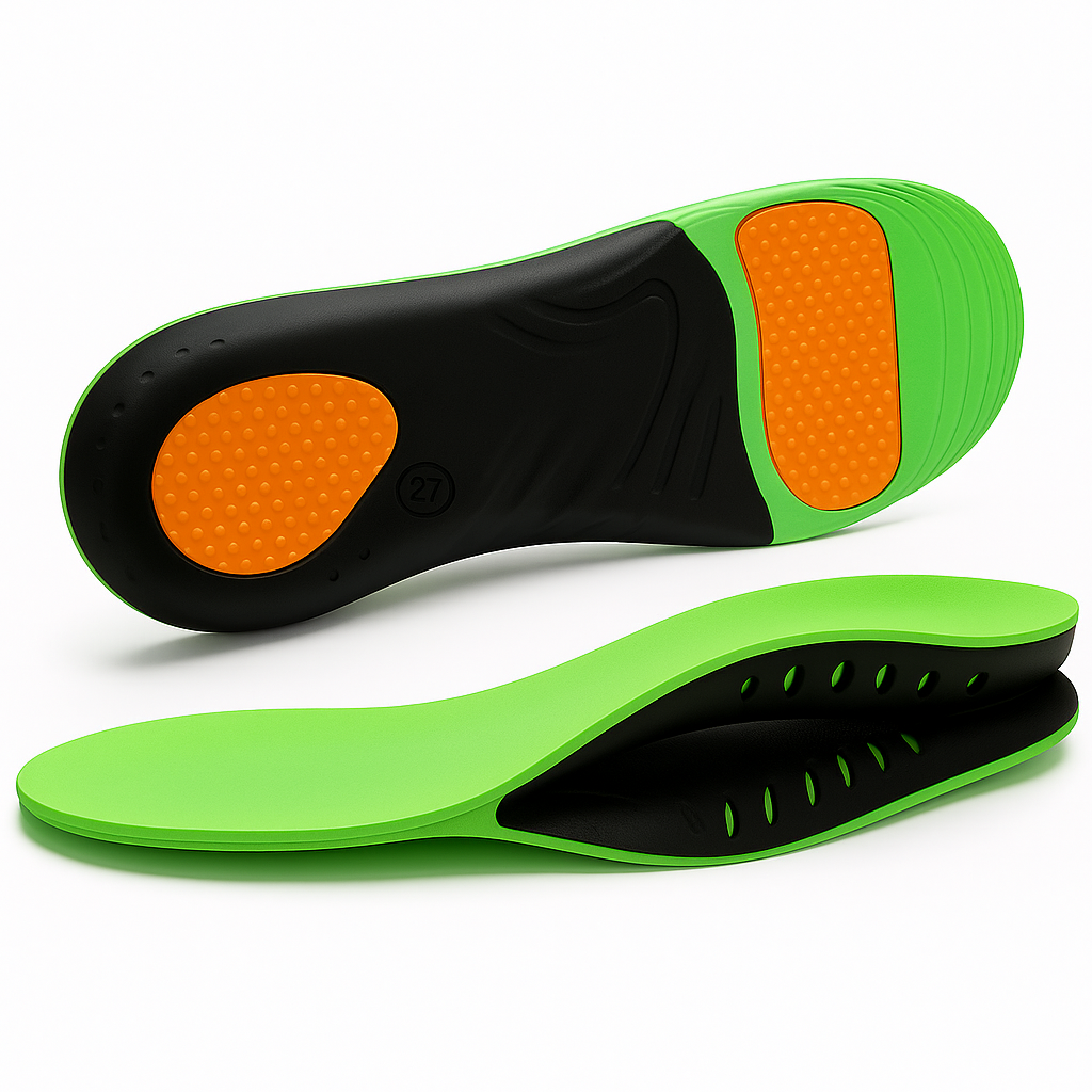 Einlegesohle mit oranger Dämpfung und ergonomischer Unterstützung – ideal zur Entlastung von Ferse und Fußgewölbe