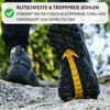 Profilansicht eines Barfußschuhs mit rutschfester Sohle und gelbem Grip-Element, ideal für sicheren Halt auf unebenem Gelände
