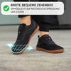 Schwarze Barfußschuhe mit breiter Zehenbox – unterstützen die natürliche Spreizung der Zehen für mehr Komfort und Fußfreiheit.