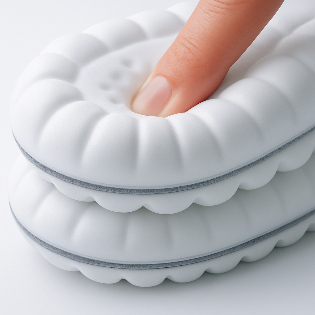 Ultraweiche Barfußglück SoftSoles Einlegesohle mit tiefer Druckentlastung – Finger drückt in die gepolsterte Fersenzone für maximalen Komfort